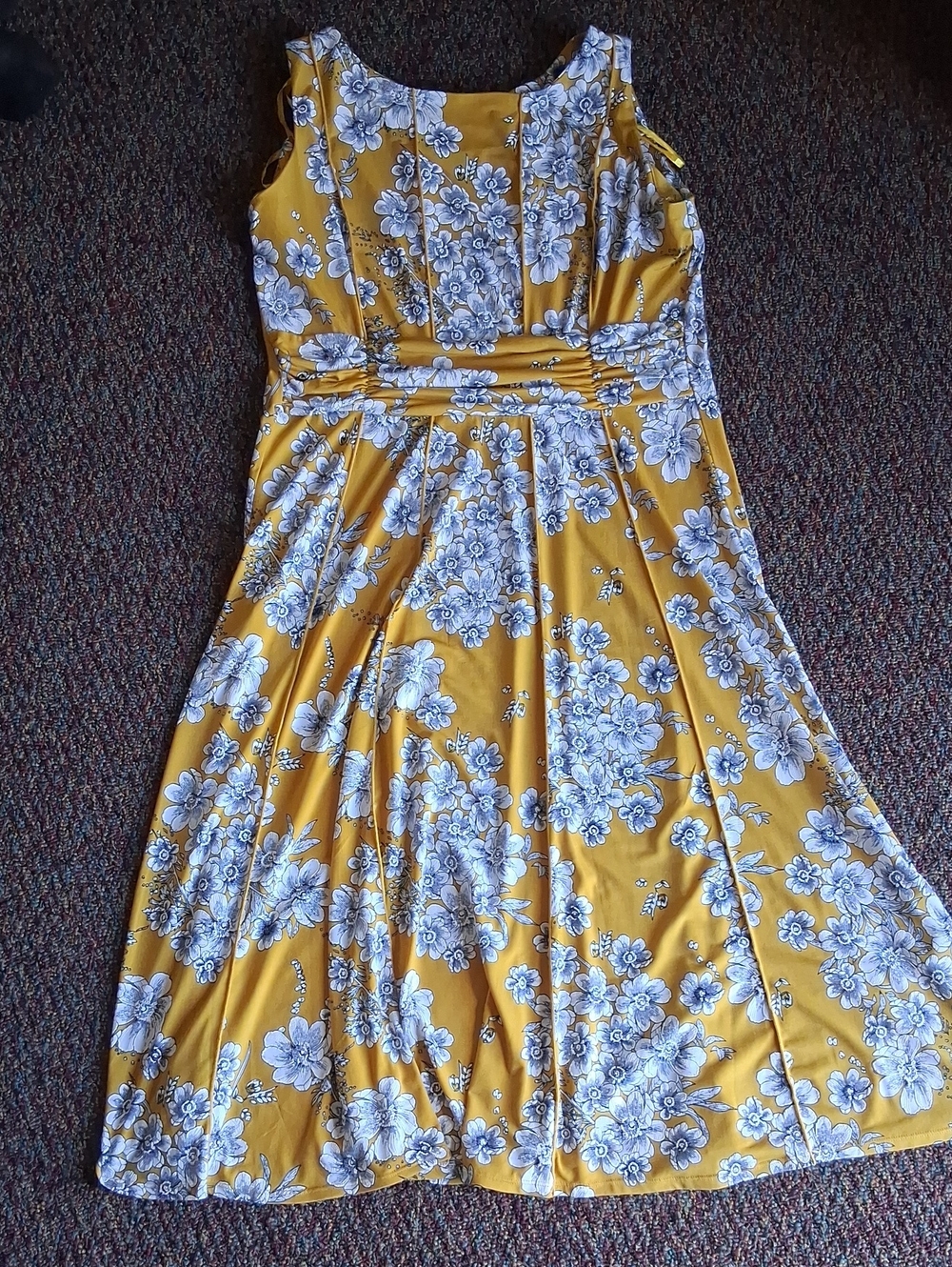 Yellow Floral Midi Dress with Pleated Waist